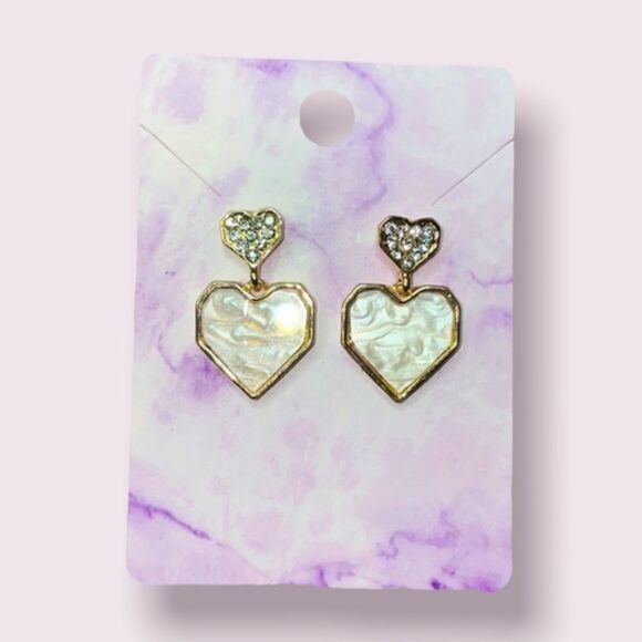 Heart Crystal Pearlescent Marble Stone Gold Post Studs Earrings - Picture 1 of 7